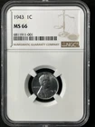 1943  1C Lincoln Wheat One Cent  NGC MS66  6811911-001