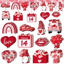 24pcs Wood Hanging Ornament, Heart Gnome Valentine's Day Ornaments with Ropes, E