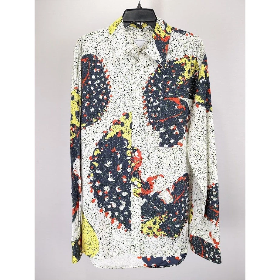 Camicia Bottega Veneta Patchwork Funghi in Navy Rosso Giallo Nuova con etichette L