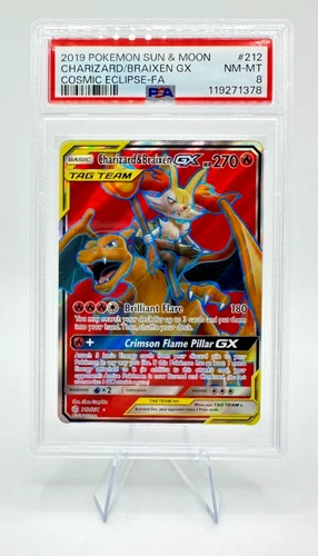 2019 Pokemon S&M Cosmic Eclipse Charizard & Braixen GX #212 | TAG TEAM | PSA 8