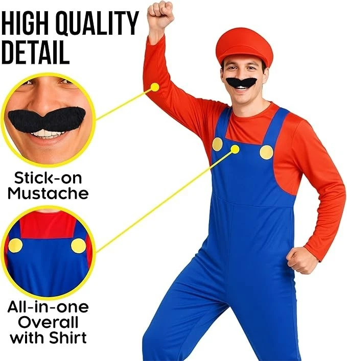 Adulto Super Mario Brothers Disfraz Hombre Rojo Fontanero Conjunto Sombrero Bigote L XL Foto 3 de 4