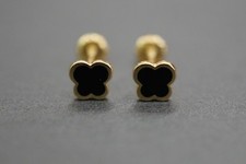 14K Solid Yellow Gold Tiny Cute Black Enamel Children Women Screw Back Earrings