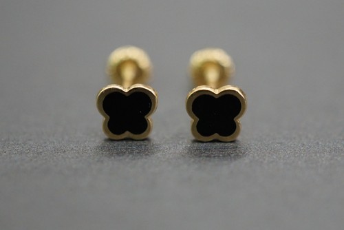 14K Solid Yellow Gold Tiny Cute Black Enamel Children Women Screw Back Earrings - 第 1/5 張圖片