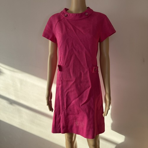 Vintage 60er I. MAGNIN Fuchsia Leinen Etuikleid Gürtel Rosa Mid Century RAR S