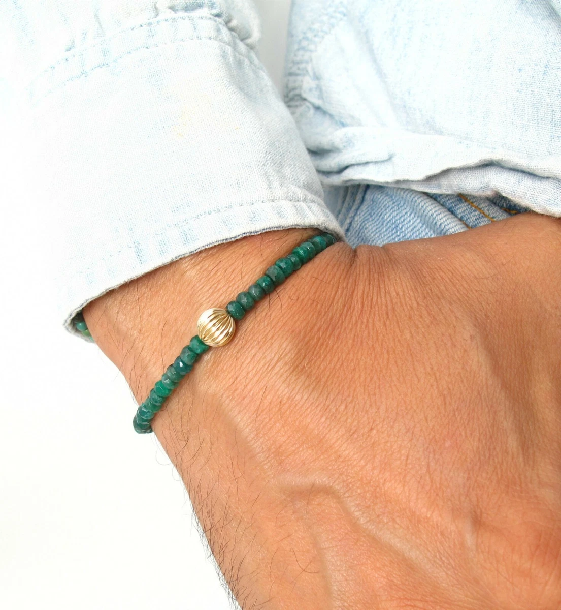 emerald beads gold bracelet natural gemstone solid 14k handmade