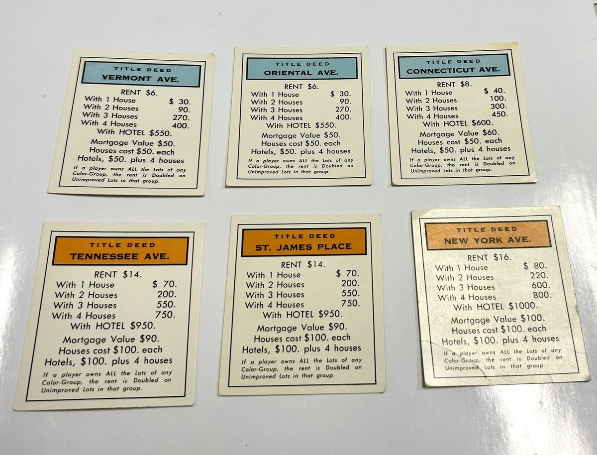 Monopoly 6 Title Deed Cards Vermont Oriental Connecticut NewYork