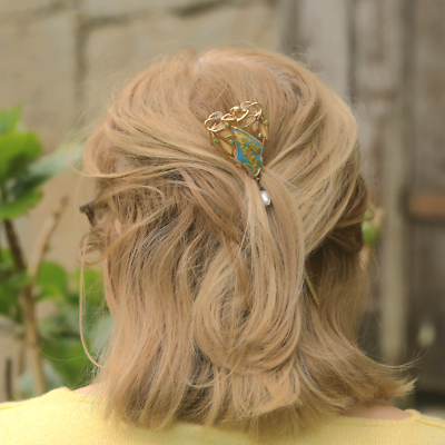 Peigne Chignon Art Nouveau – Statue Femme Turquoise, Doré, Vintage, Neuf