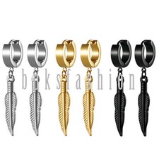 Men Women Feather Drop Dangle Earrings Stainless Steel Punk Hinged Hoop Huggie