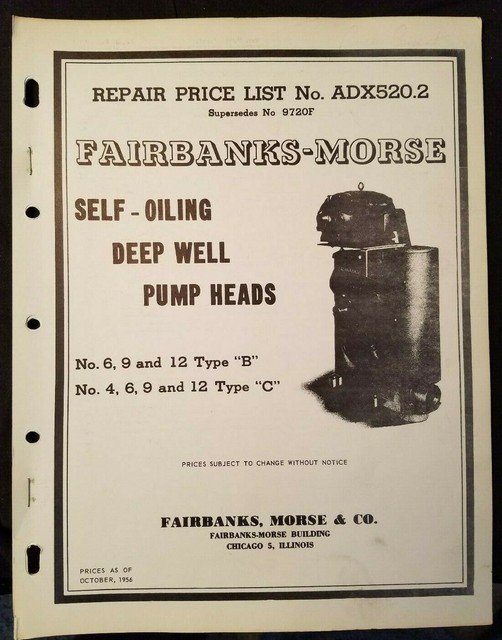 FairbanksMorse SelfOiling Deep Well Pump Heads 1956 Repair Price List