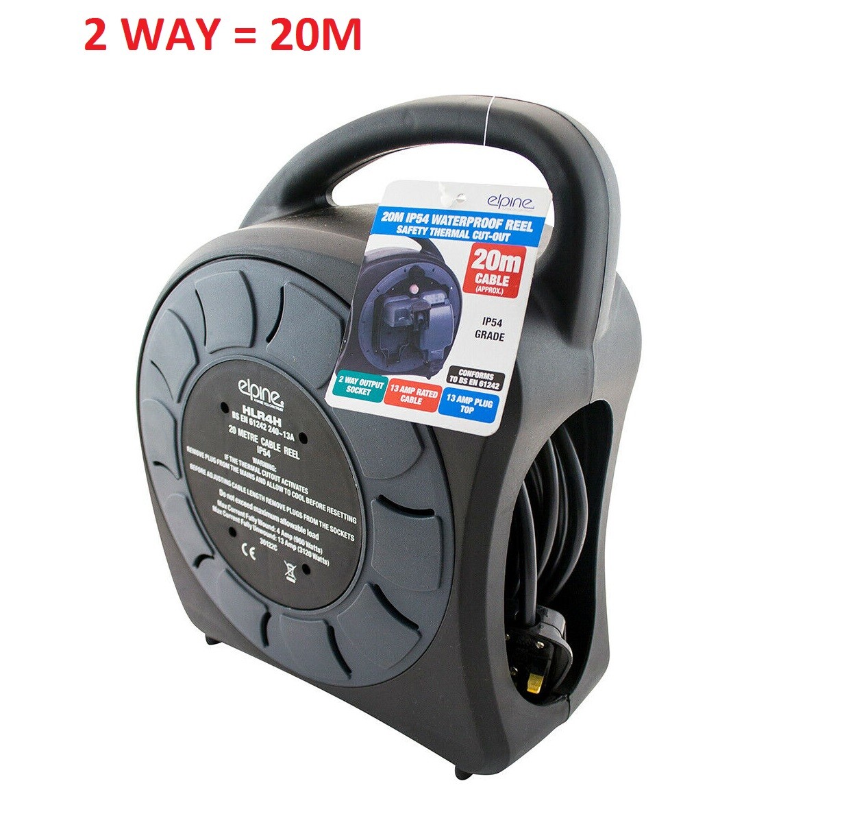 Waterproof Extension Lead 20m Cable Reel Outdoor Garden 2 Socket Gang