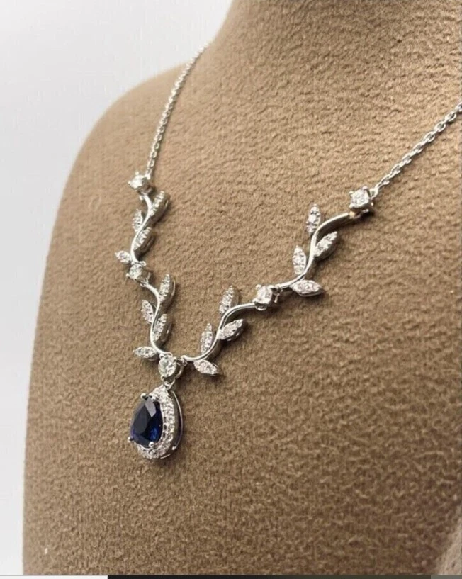 4CT Pear Cut Lab-Created Sapphire Women's 18 in Necklace 14K White Gold Plated - Image 4 of 4