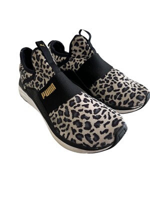 Puma Softride Sophia Slip On Leopard Black Brown Running Shoes