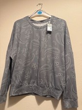 Image of Grey floral abstract print 50 % polyster cotton womens pj set , cuffed trouser