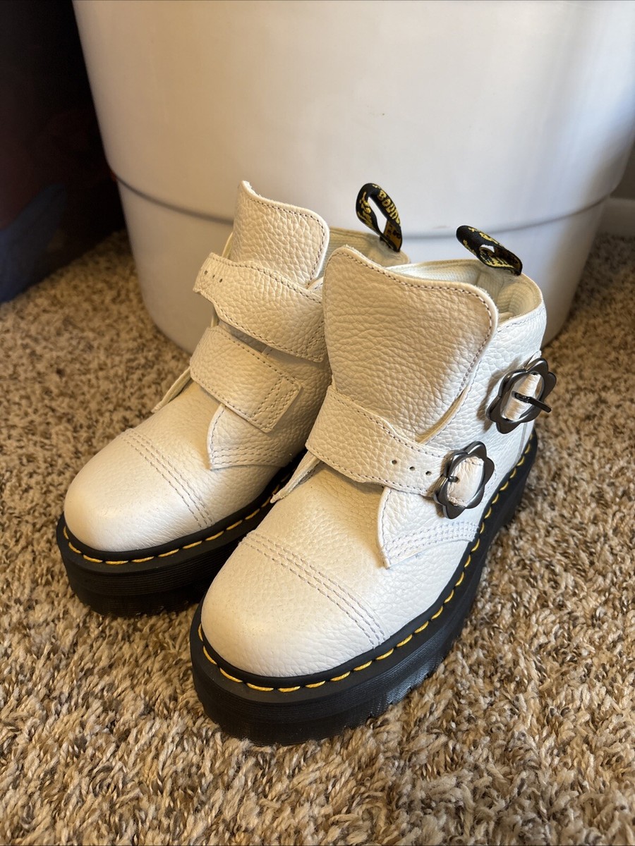 Dr Martens DEVON FLOWER BUCKLE WHITE LEATHER PLATFORM BOOTS NEW