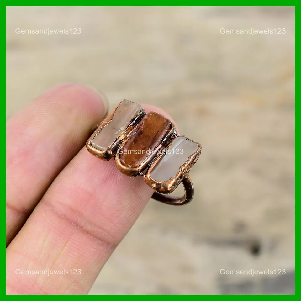 Сияющий сердолик необработанный драгоценный камень медь электроформа жена обещание кольцо ювелирные изделия - Изображение 4 из 4