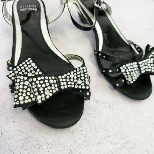 STUART WEITZMAN Kids Silver Black Ankle Strap Sandal 1 Girls Beads Sparkle Bow - Picture 6 of 11