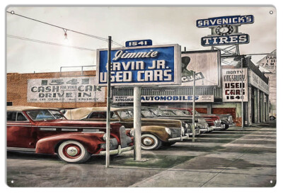 1942 USED CARS LOS ANGELES CAR LOT 18'' HEAVY DUTY USA MADE METAL AUTO ADV SIGN