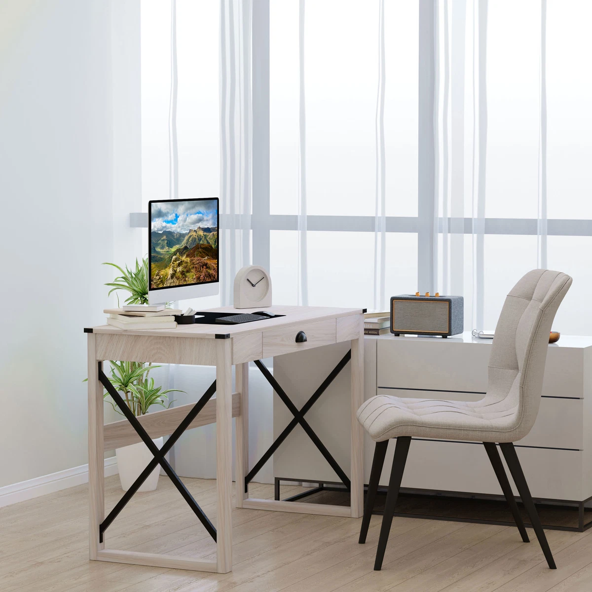 Retro Inspired Work Desk Station Home Office w Drawer Large Tabletop Natural