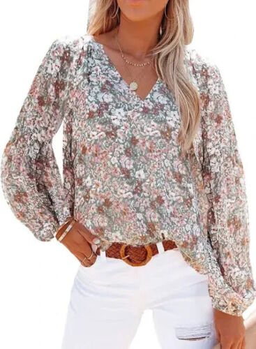 SHEWIN Womens Casual Boho Floral Print V Neck Long Sleeve Loose Blouses Shirts T