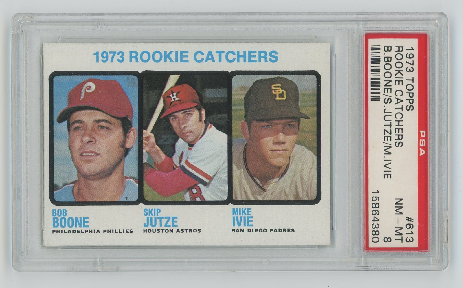 1973 Topps #613 Rookie Catchers Bob Boone / Skip Jutze / Mike Ivie RC PSA 8