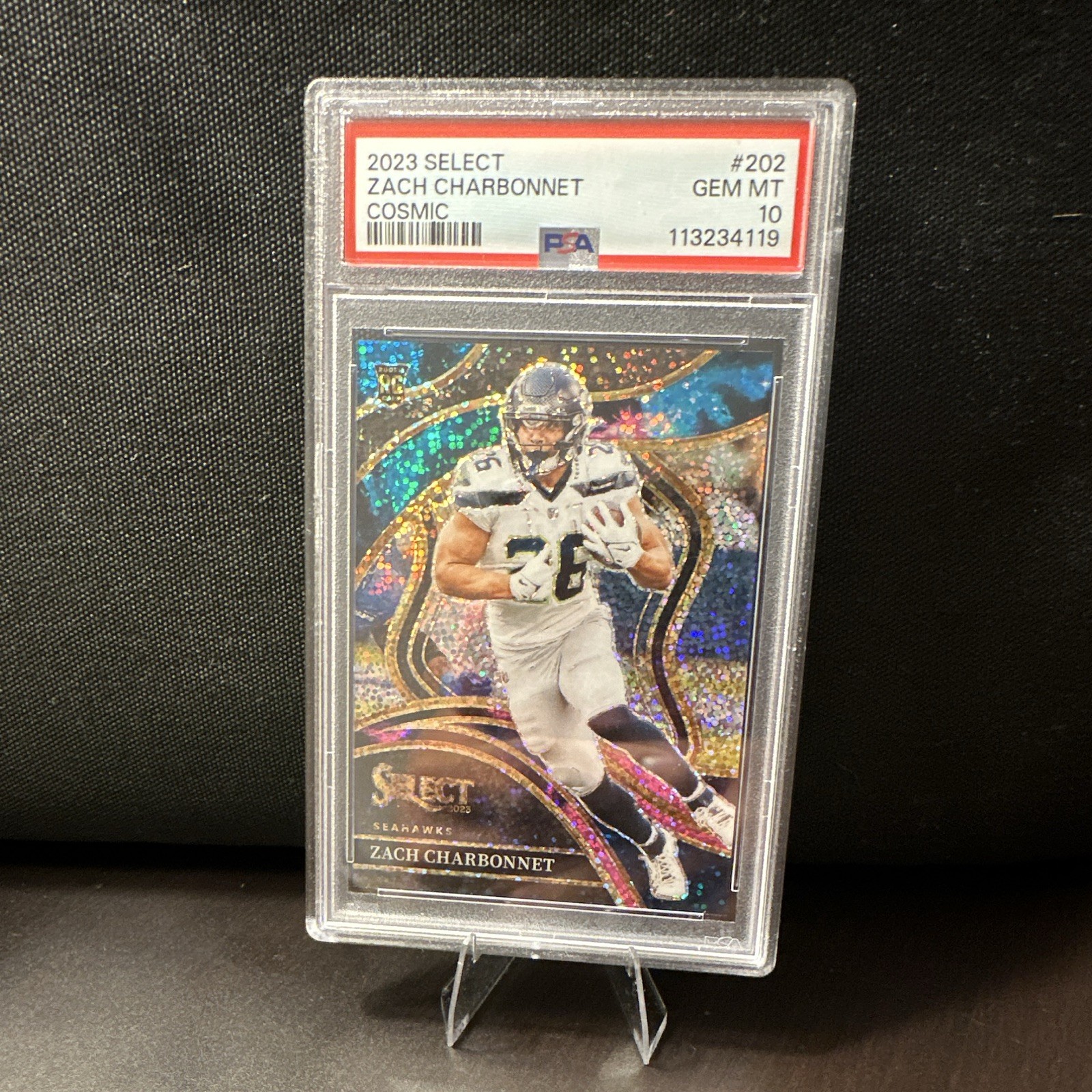 Panini 2023 Select Club Level Cosmic Prizm Zach Charbonnet #202 Seahawks PSA 10