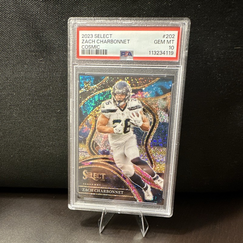 Panini 2023 Select Club Level Cosmic Prizm Zach Charbonnet #202 Seahawks PSA 10