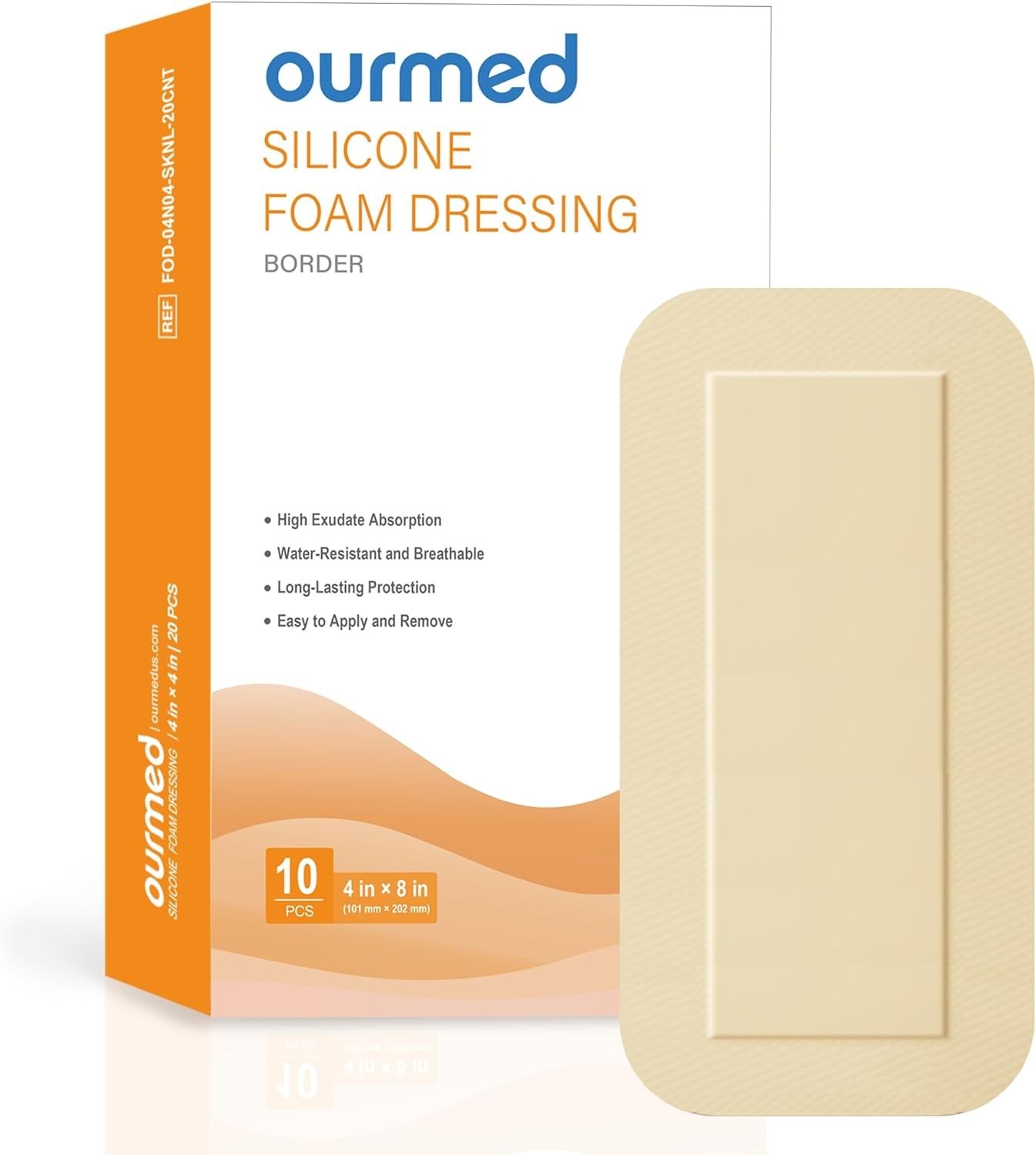 Silicone Foam Dressings 4"x 8" (10 Pack) with Gentle Adhesive Border - Free Ship
