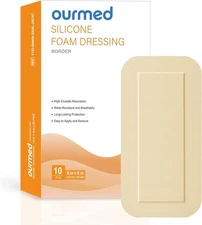 Silicone Foam Dressings 4"x 8" (10 Pack) with Gentle Adhesive Border - Free Ship