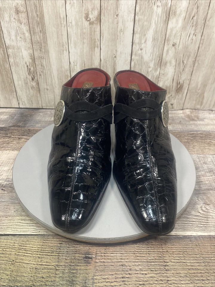 Mules de charol de cocodrilo negro vintage Brighton Romeo para mujer talla 10 M Foto 4 de 4