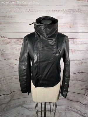MNG Mango Women's Asymmetrical Raised Collar Black Sheep Leather Jacket Size M - Image 1 of 4