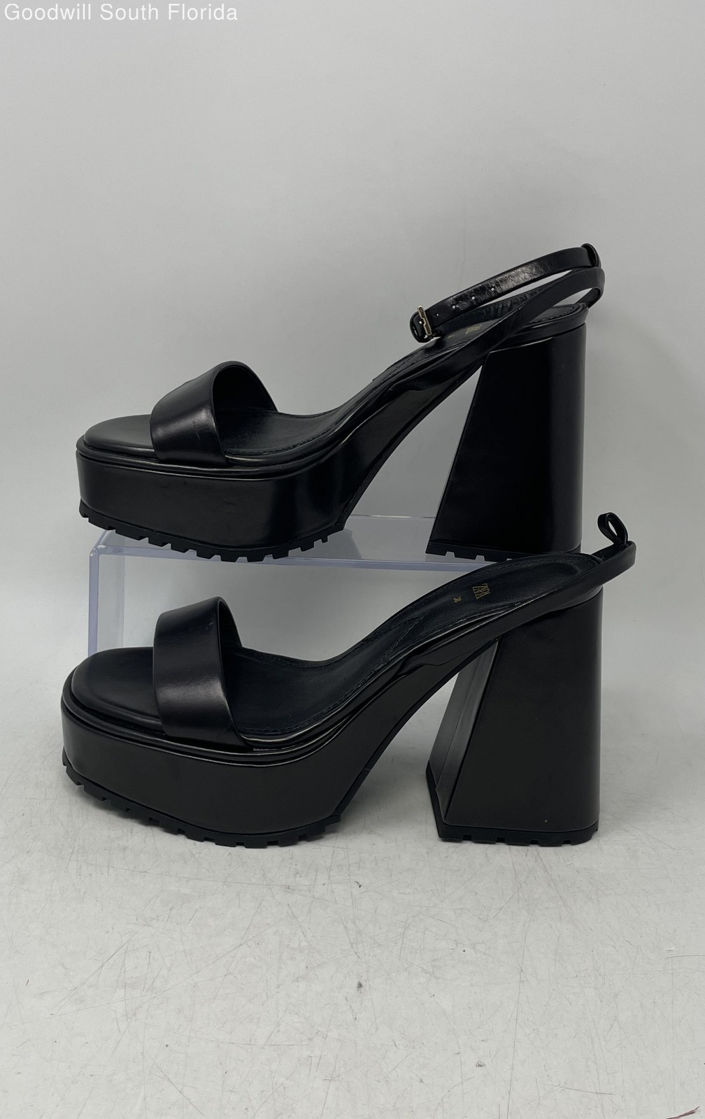 Zara Womens Black Leather Open Toe Block Heel Ankle Strap Sandals Size 38