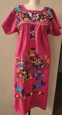 VTG Mexican Oaxacan Embroidered Floral Maxi Dress Womens L Artisan Boho Pink