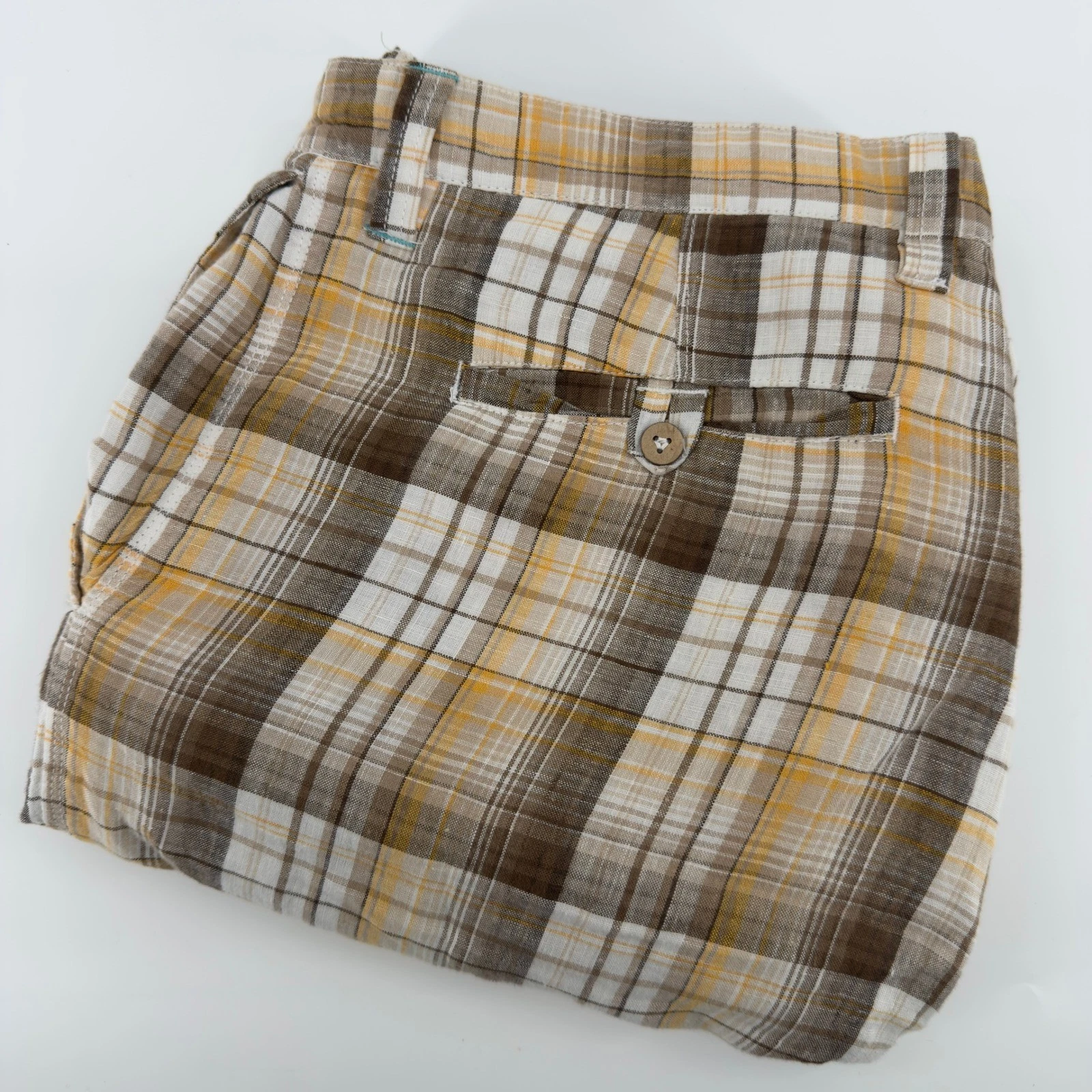 Tommy Bahama Mens Reversible 100% Linen Shorts Plaid Khaki Tan Size 36