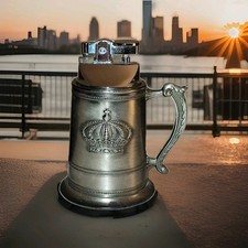 Briquet de Table, Gaz, Chope en Étain, Vintage, Original, 9cm x 6cm, Rare Gris 