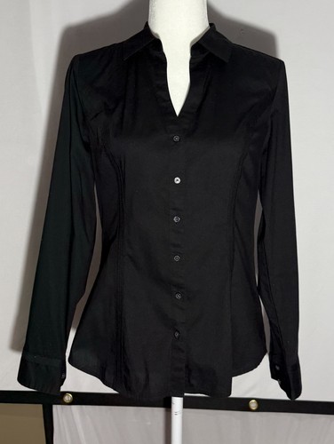 Express Damen The Essential Shirt Stretch Knopfleiste Langarm Schwarz Größe M