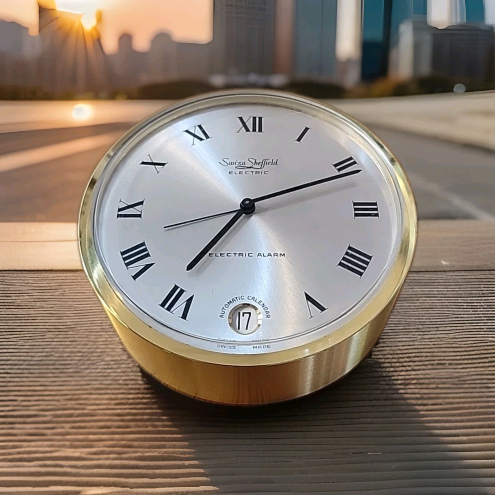 Vintage Swiza Sheffield Electric Brass Alarm Clock With Calendar MCM image