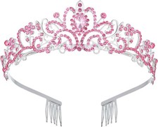 Rhinestone tiara crown for women with comb pink crystal headband