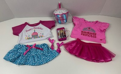 Build A Bear BAB Dark Pink Birthday Outfit Lot, Tops, Skirts, Cupcake Phone Bows
