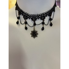 Victorian Gothic Black Lace Choker Necklace Beads Teardrops Pendant 12"