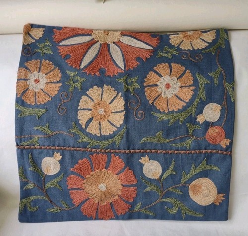 Pottery Barn Lorina Embroidered Pillow Cover Floral 20" Square Blue Multicolor