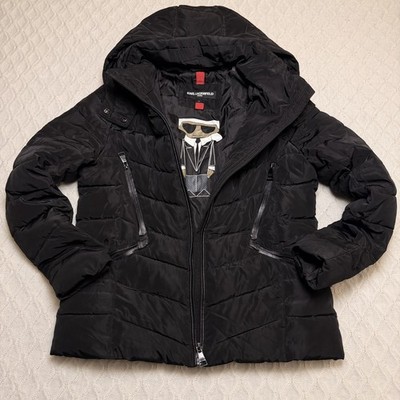 KARL LAGERFELD PARIS Women s Hooded  Puffer Jacket Black Size Large