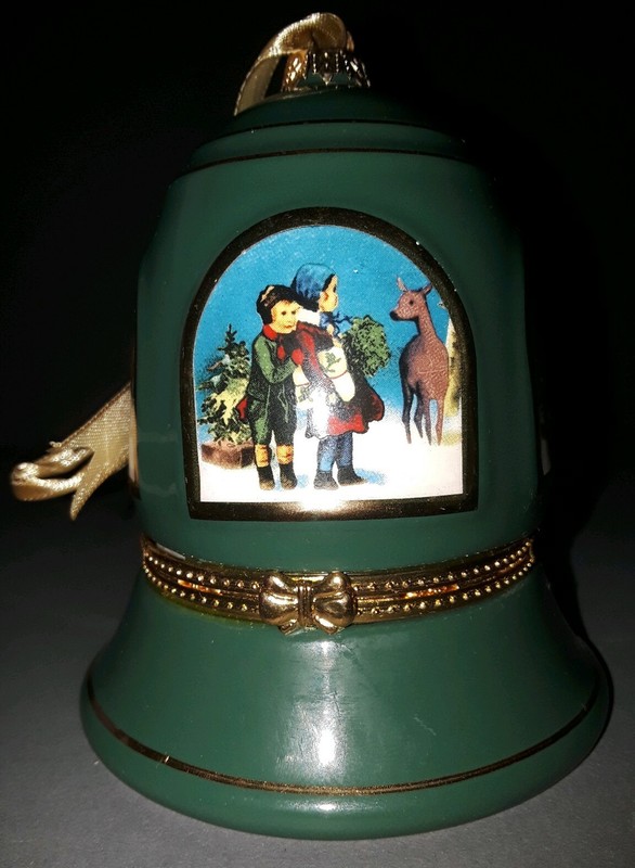 Mr. Christmas Musical Limoge  Holiday Bell Ornament. Plays Silent Night. Green.