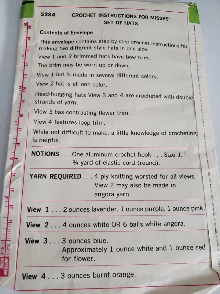 Simplicity Women's Teen's Hat Crochet Instructions Pattern Vintage 2 Styles - Image 2 of 2