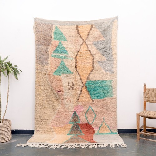5×8 ft (150x250) Handmade Moroccan Boujaad Beige Area Rug Abstract Berber Carpet
