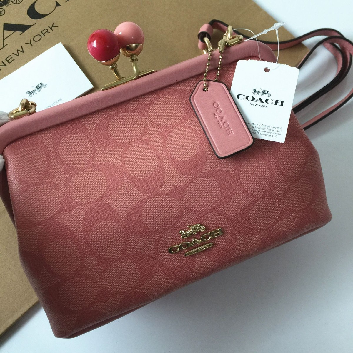 Coach kiss lock mini Bag rare Pink★ COACH Kiss Lock Logo Pink 2way Hand Bag Shoulder Bag Rare