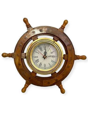 12" Ship Wheel Clock - Nautical Decorative, Premium Wood Porthole Design
