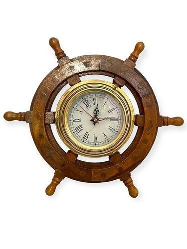 12" Ship Wheel Clock Nautical Decorative Premium Wood Porthole Ship Wheel Clock - Picture 1 of 3