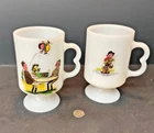 2 Vintage Norman Thelwell Pony & Rider Milk Glass B Handle Pedestal Mugs KNE