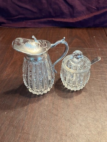 Crystal Syrup Jar w/Hinged Siler Plated Lid & Crystal Jam Jar w/Silver Spoon