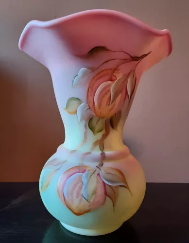 Fenton Burmese Glass Peach Tree Vase Signed by George Fenton and D. Zarleur
